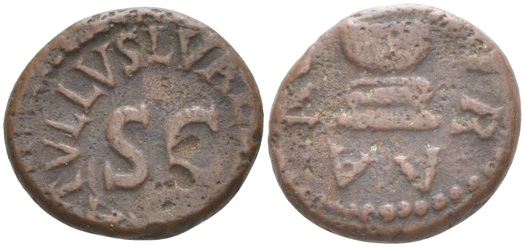 Римская Империя квадранс 4 г. до н.э. Октавиан Август, алтарь, IIIVIR AAAFF / SC L VALERIVS CATVLLVS (монетарий Валерий Катулл), Рим (из немецкой коллекции 1-й половины XX века, с владельческим конвертом) RIC 468 бронза 1073-15-113