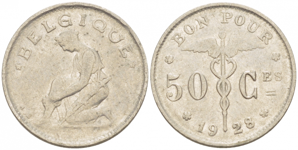 БЕЛЬГИЯ 50 САНТИМОВ 1928 BELGIQUE KM 87 никель 261-1624
