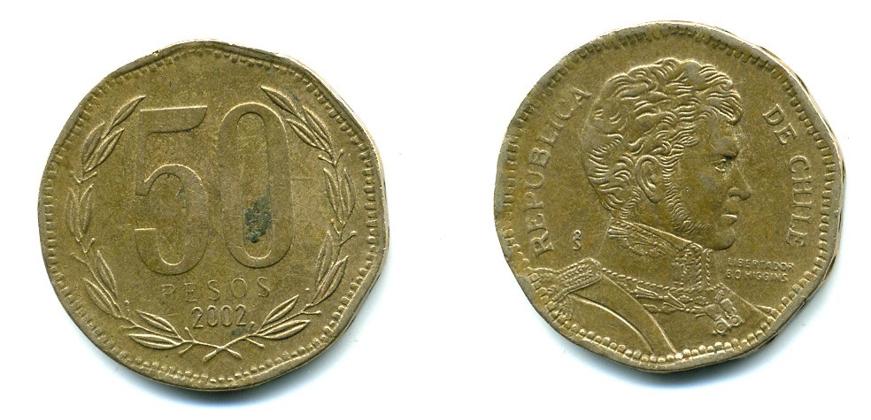 Чили 50 песо 2002 Бернардо О’Хиггинс KM 219.2 алюминиевая бронза 36-935