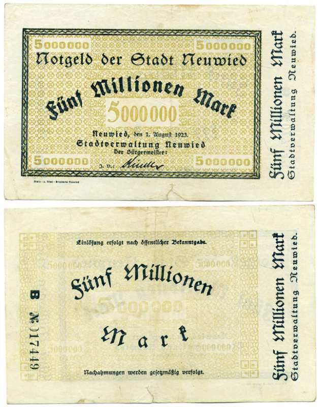 НОЙВИД, ГЕРМАНИЯ 5000000 МАРОК (5 МИЛЛИОНОВ МАРОК) 1923 1 АВГУСТА 1923, НОТГЕЛЬД, ЗЕМЛЯ РЕЙЛАНД-ПФАЛЬЦ, СЕРИЯ В Keller 3903f бумага 8613-35-1-1