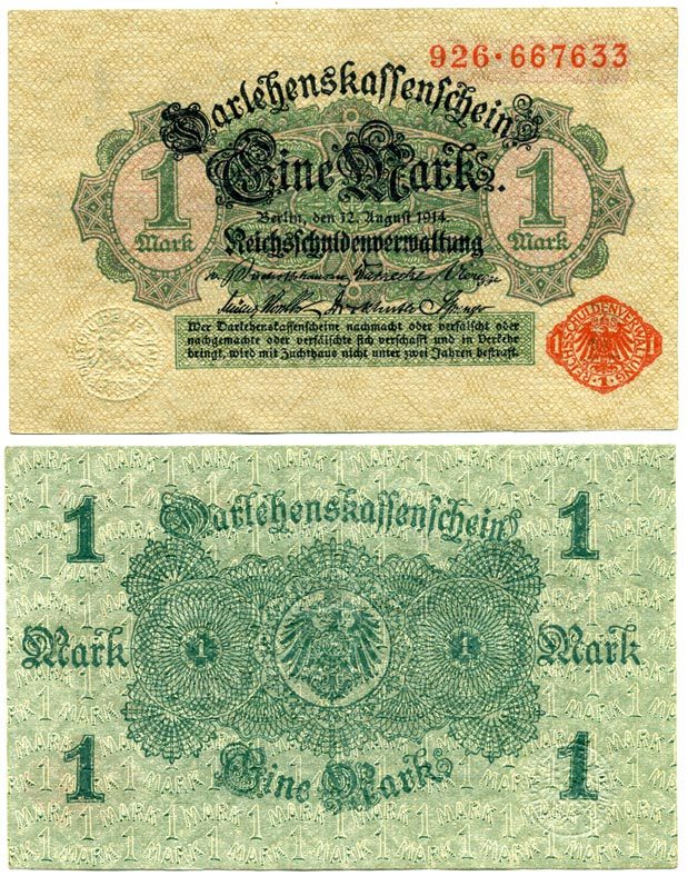 Германия 1 марка 1914 красная серия, выпуск 1917 Pick 51, Розенберг 51с бумага 7547-61-4-1