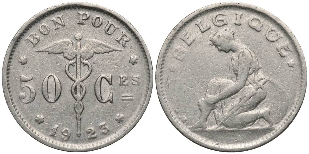 БЕЛЬГИЯ 50 САНТИМОВ 1923 BELGIQUE, АЛЬБЕРТ I (1909-1934) KM 87 никель 27-117