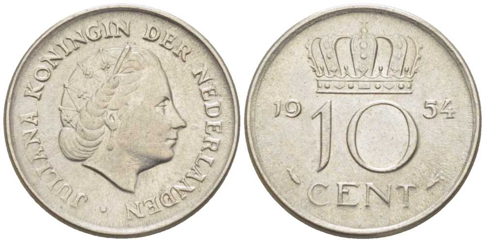 НИДЕРЛАНДЫ 10 ЦЕНТОВ 1954 ЮЛИАНА (1948-1980) KM 182 никель 214-1143