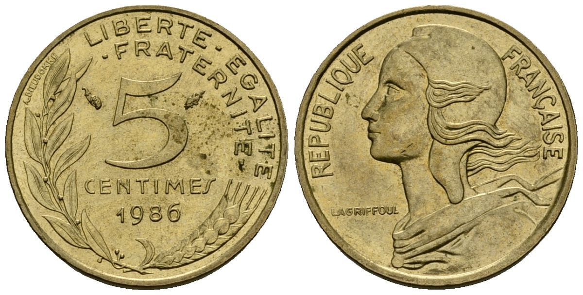 Франция 5 сантимов 1986 тип Marianne KM 933 алюминиевая бронза 4136-445