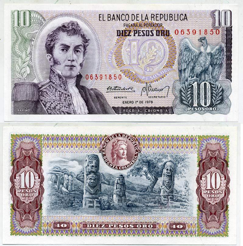 Колумбия 10 песо 1978 1 января 1978, Антонио Нариньо Pick 407f бумага UNC (пресс) 7484-66-3