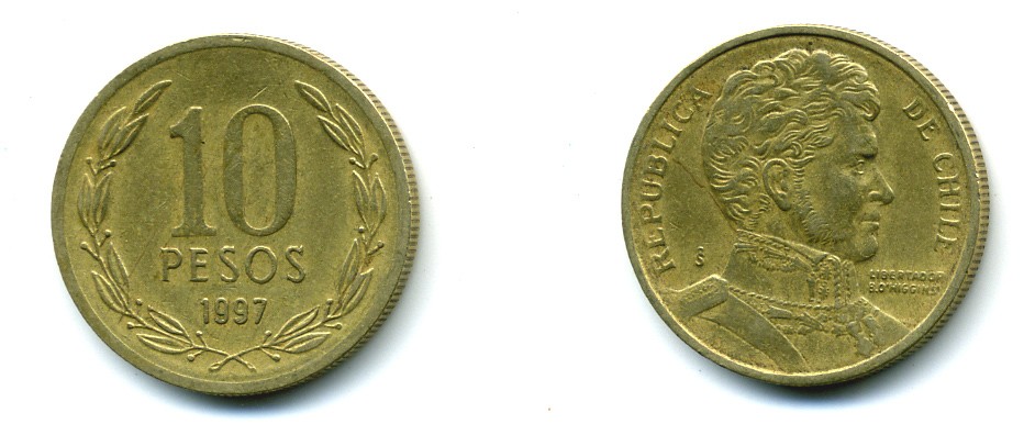 ЧИЛИ 10 ПЕСО 1997 БЕРНАРДО ХИГГИНС KM 228.2 никель латунь 37-151