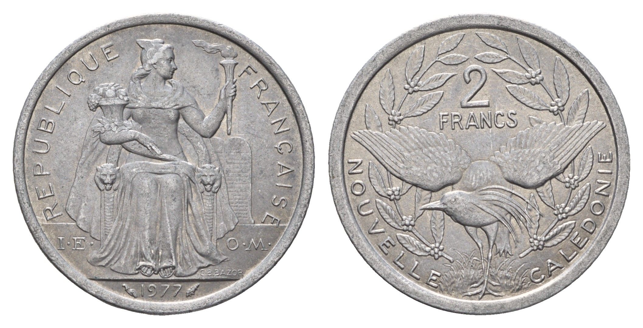 Новая Каледония 2 франка 1977 птица кагу, (IEOM) KM 14, Schoen 11, Lec 58 алюминий 210-931