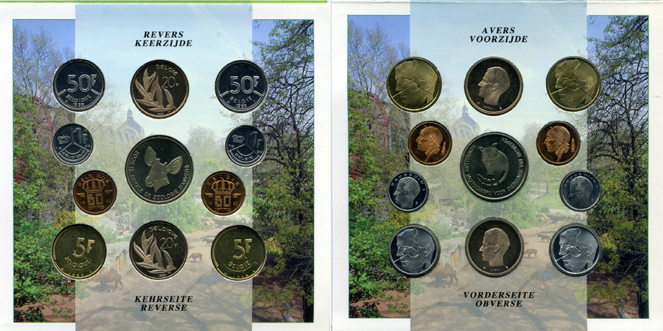 Бельгия набор из 10 монет + жетон монетного двора 1993 Belgie-Belgique, 150 лет Антверпенскому зоопарку (1843-1993), в оригинальном буклете, в запайке  KM MS 5   BUNC  6-5-3-45