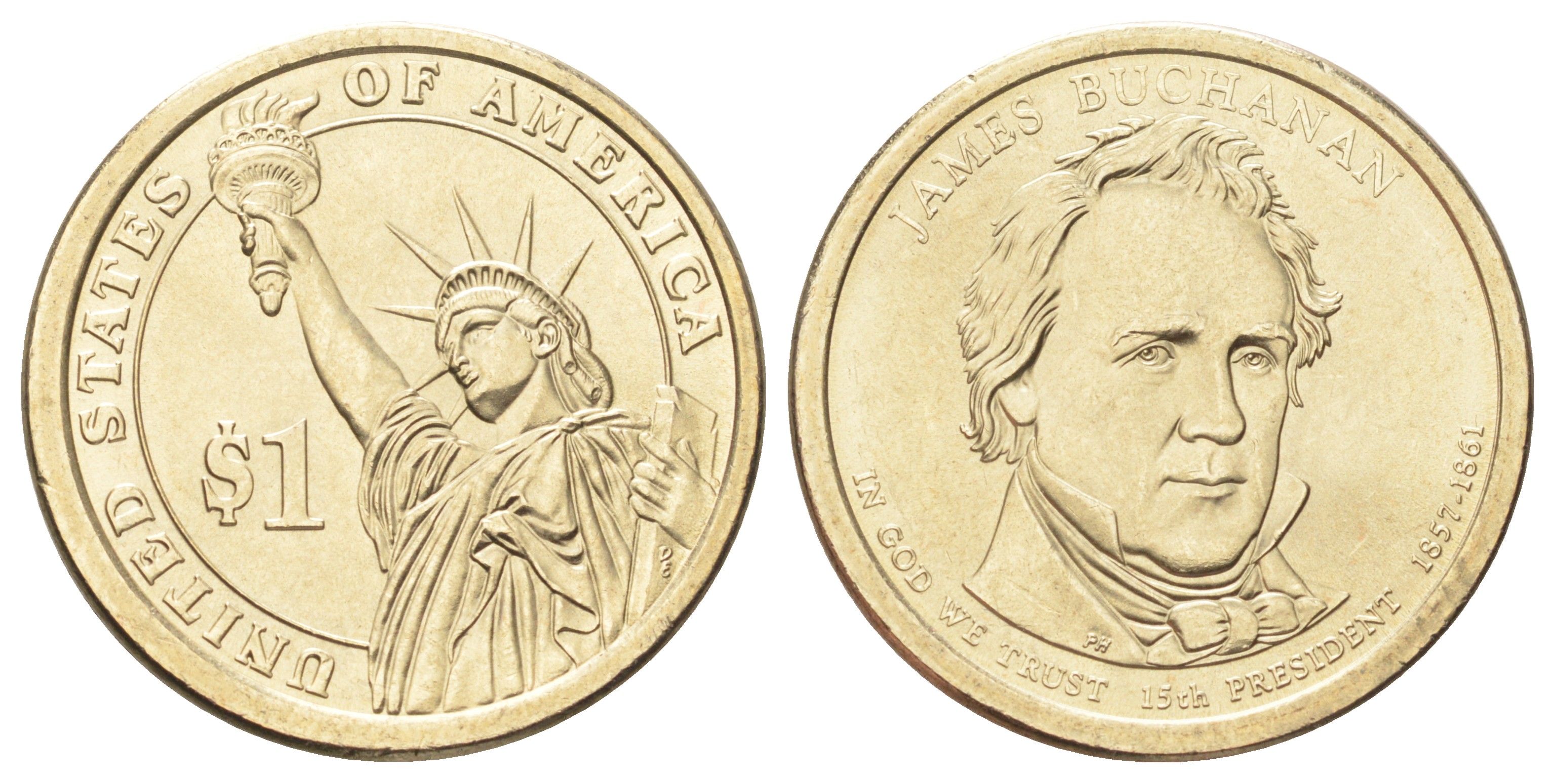 США 1 доллар 2010 Президент США - Джеймс Бьюкенен (1857-1861) KM 477 медь с марганцево-латунным покрытием UNC 4666-1011