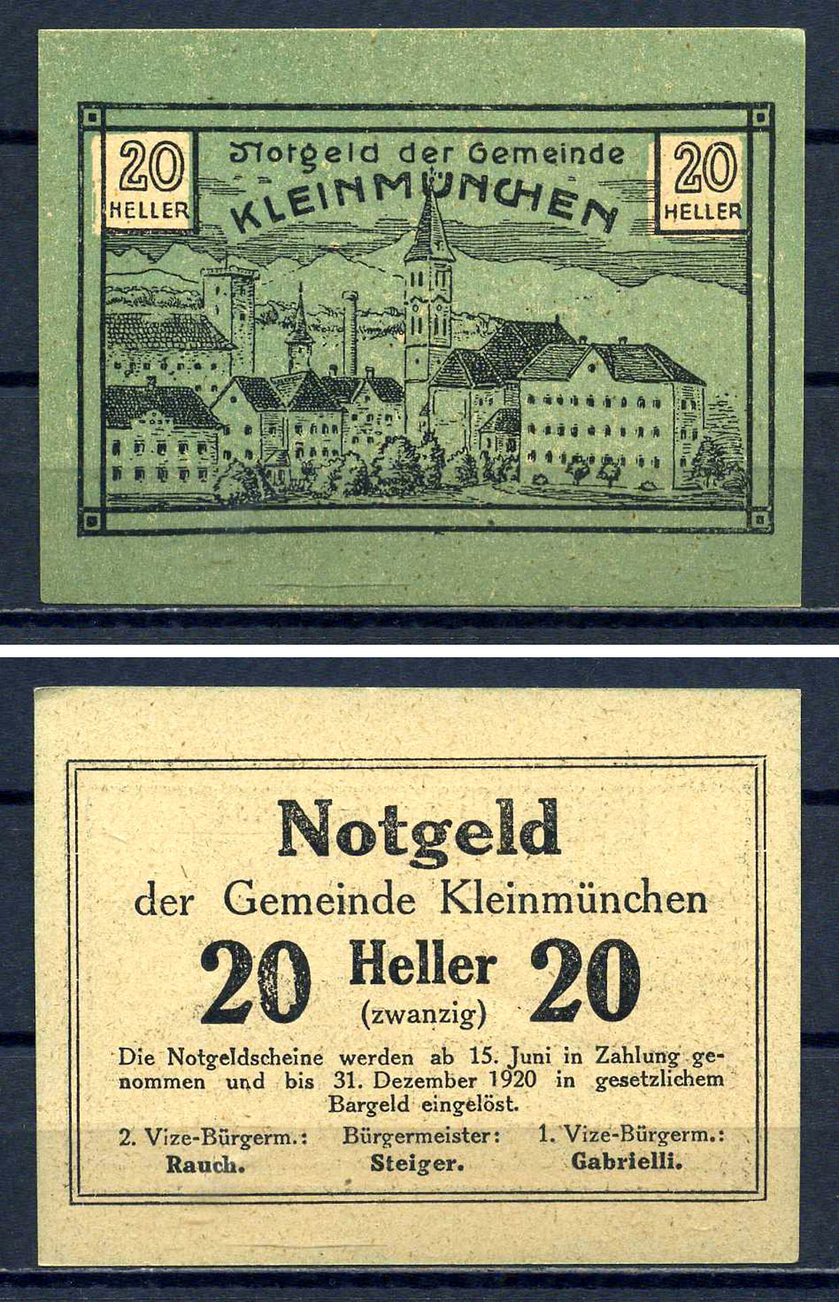 Клайнмюнхен (Австрия) 20 геллеров 1920 Jaksc/Pick?JPR0456a-20 бумага UNC (пресс) 7556-32-2-2