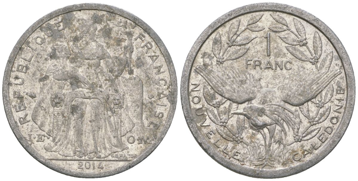 Французская Новая Каледония 1 франк 2014 птица кагу, (IEOM) KM 10, Schoen 10 алюминий 31-1025