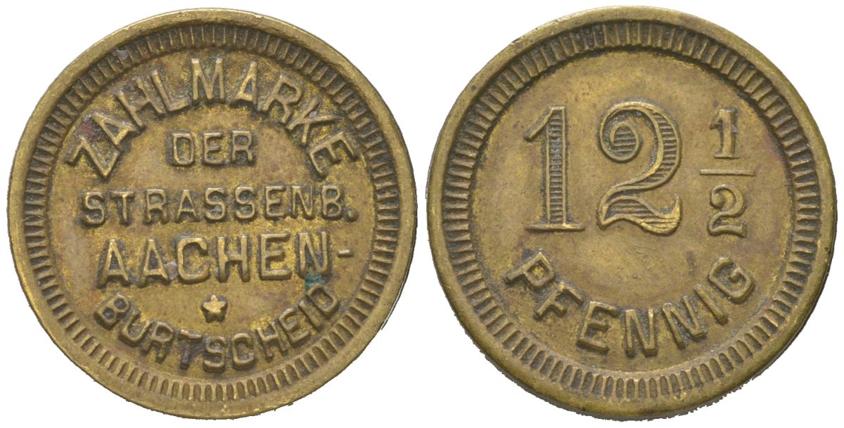 Ахен-Буртшайд трамвайный жетон в 12 1/2 пфеннига ND Men05 14.3, Men18 113.1 латунь 4615-766