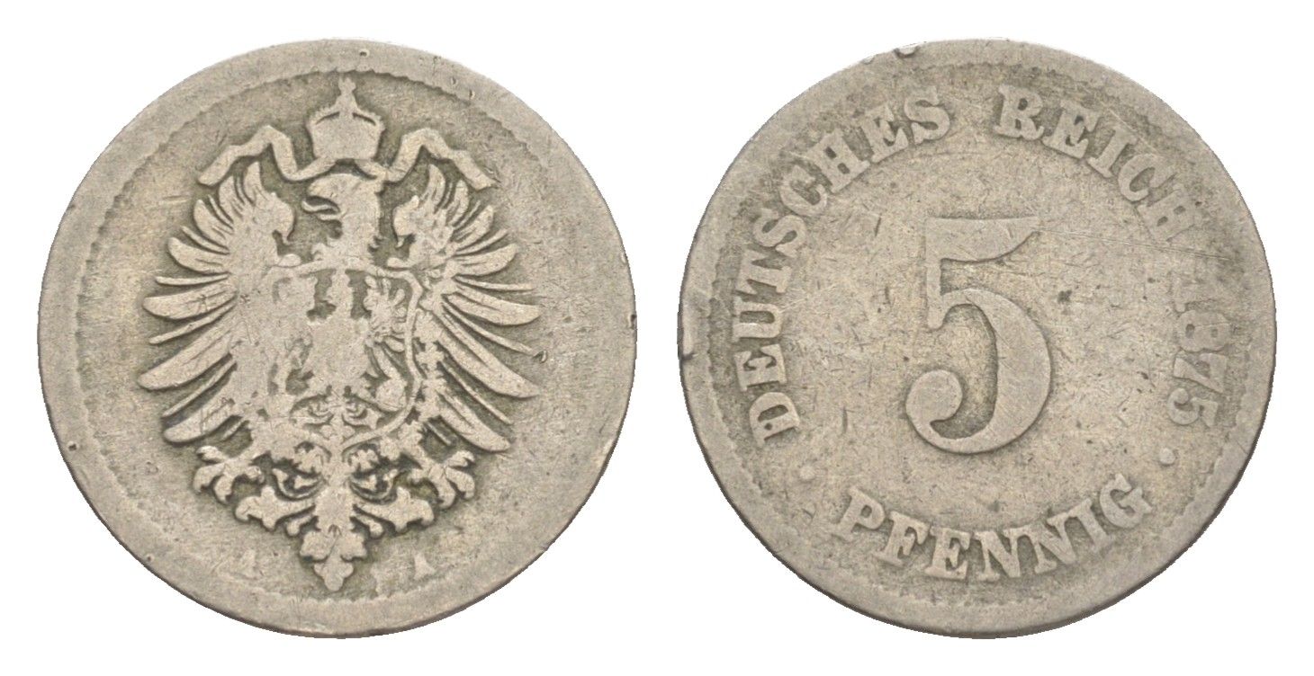 Германия 5 пфеннигов 1875 A, Вильгельм II (1888-1918) KM 3, J. 3 медно-никель 4647-855