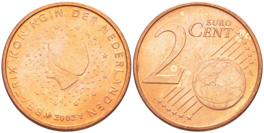 НИДЕРЛАНДЫ 2 ЕВРОЦЕНТА 2002 KM 235 сталь покрытая медью UNC 3457-1116