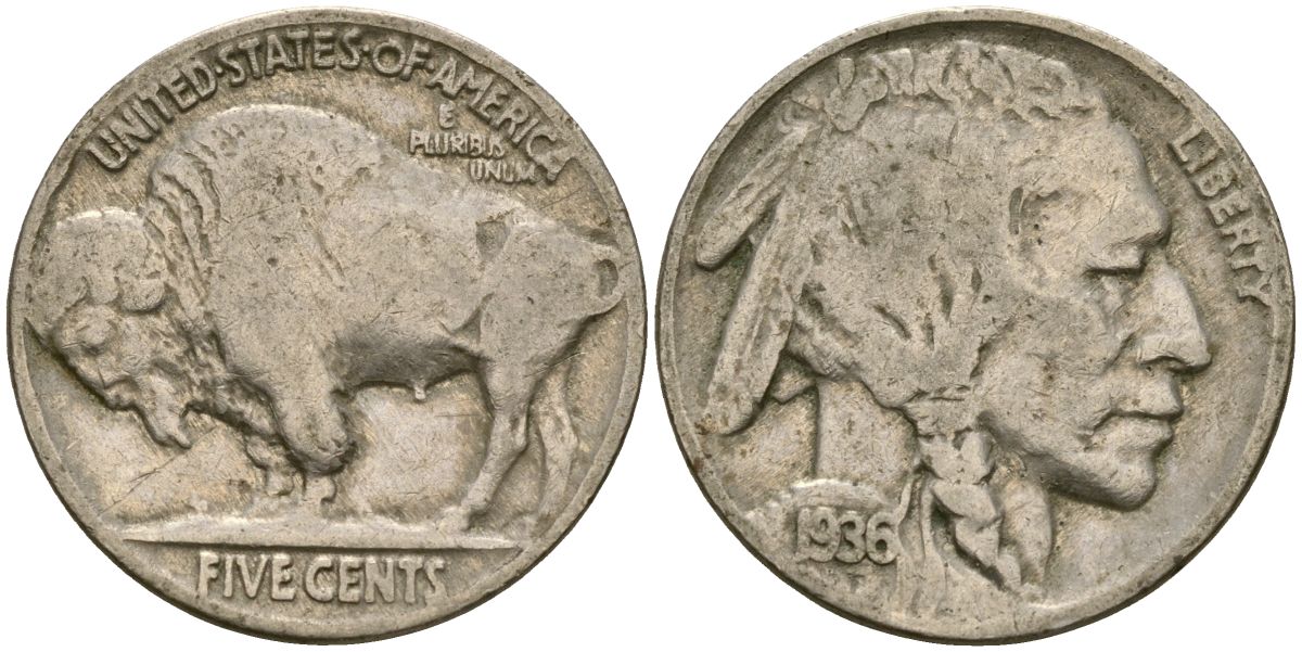 США 5 центов 1936 индеец, бизон KM 134 медно-никель 4529-326