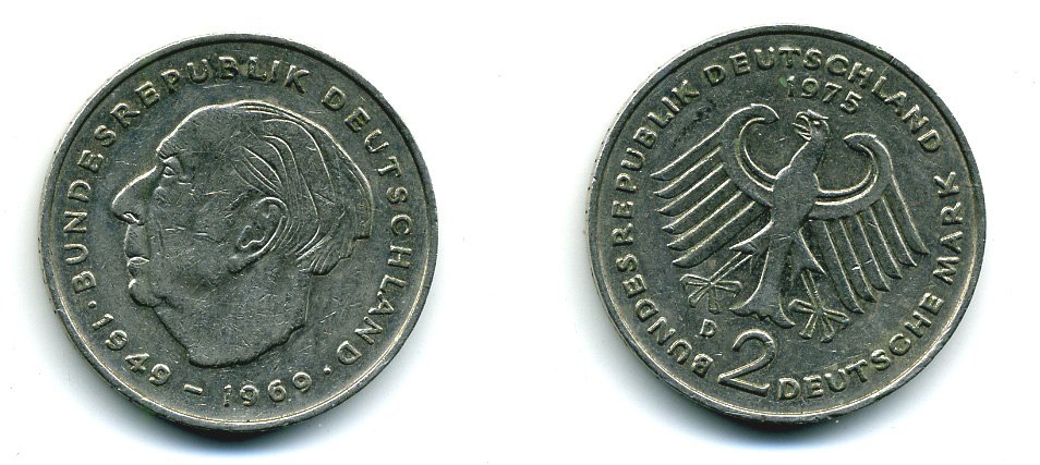 ФРГ 2 МАРКИ 1975 D, ТЕОДОР ХОЙС KM 127, J. 407 медно-никель плакированный никелем 35-1413