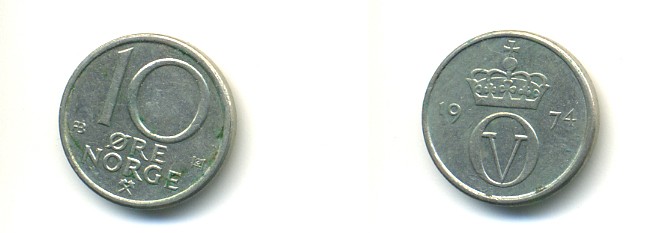 Норвегия 10 эре 1974 Улаф V (1958-1991) KM 416 медно-никель 80-856