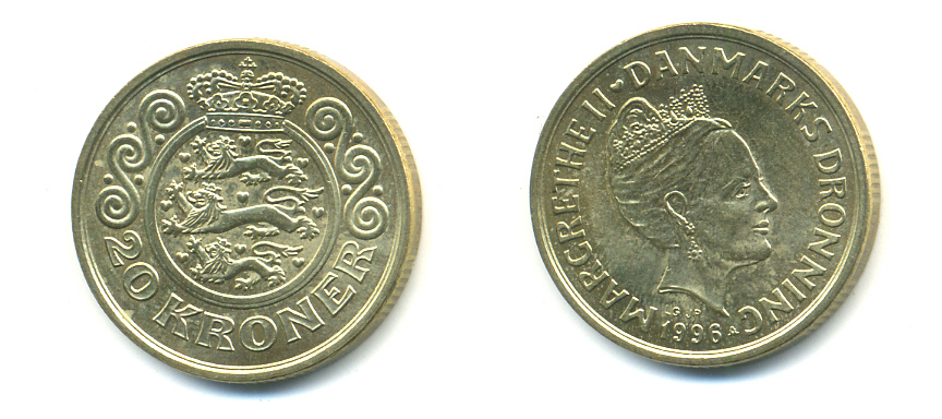 ДАНИЯ 20 КРОН 1996 МАРГАРЕТ II KM 878 алюминиевая бронза 179-242