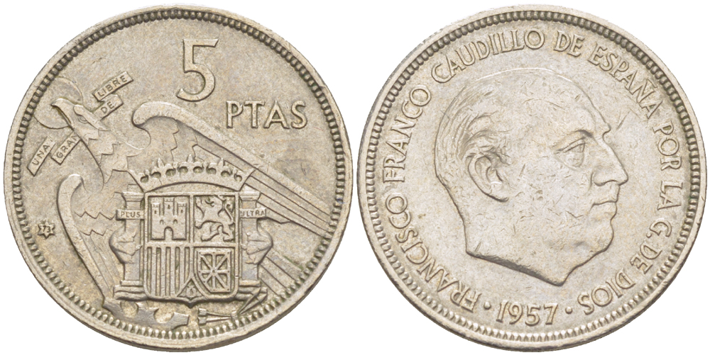 ИСПАНИЯ 5 ПЕСЕТ 1957 (73) ФРАНСИСКО ФРАНКО ДИКТАТОР ИСПАНИИ ( 1939- 1975) KM 786 медно-никель 216-633