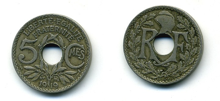 Франция 5 сантимов 1919 тип Линдайё KM 865, Le Franc 121.3 медно-никель 84-326
