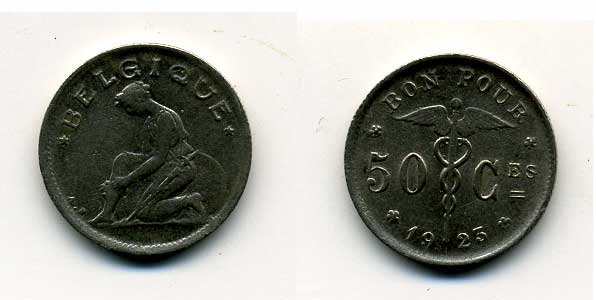 БЕЛЬГИЯ 50 САНТИМОВ 1923 BELGIQUE KM 87 никель 46-124