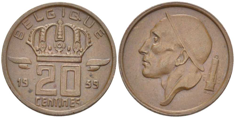 БЕЛЬГИЯ 20 САНТИМОВ 1959 BELGIQUE KM 146 бронза 201-1245