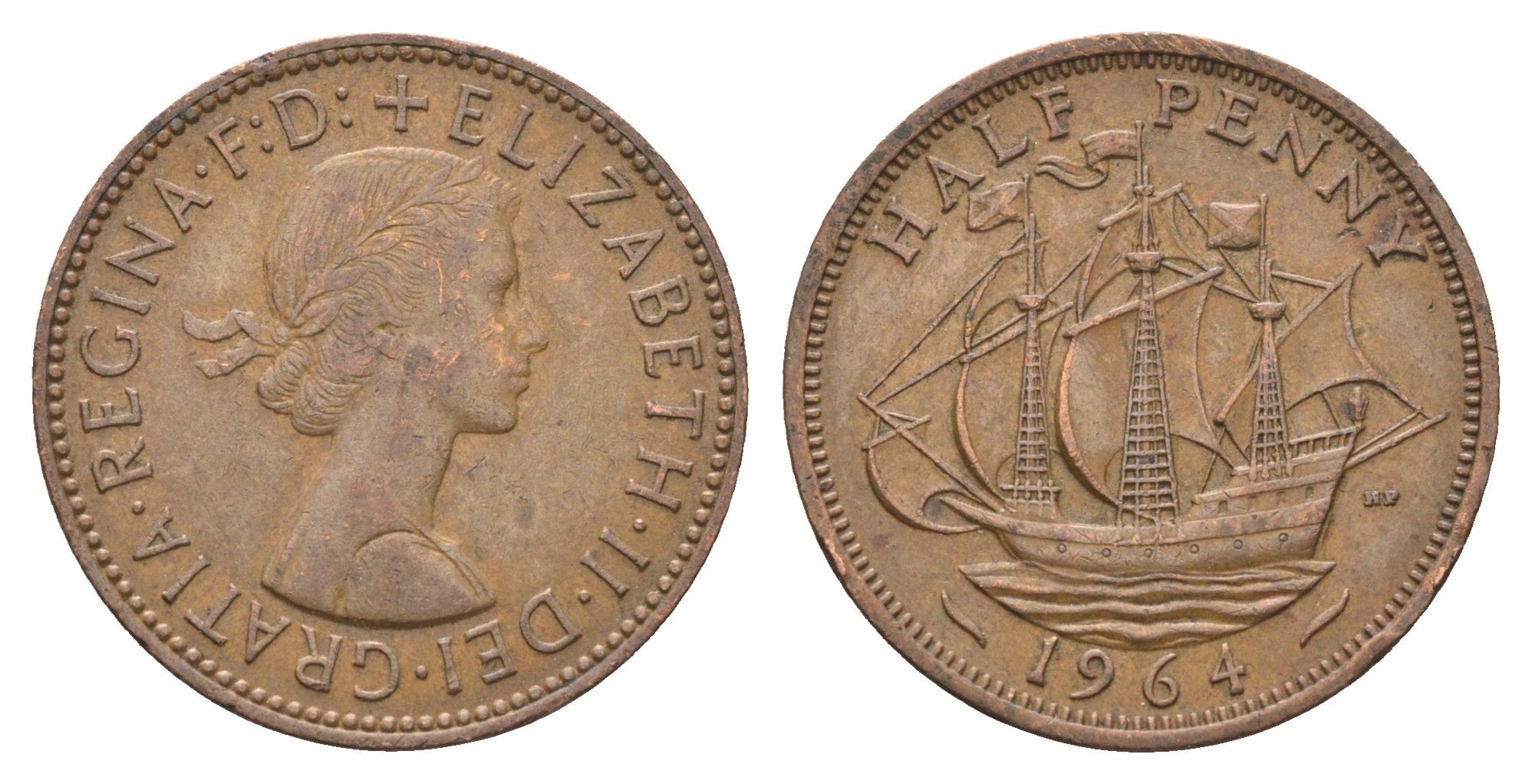 Великобритания 1/2 пенни 1964 Елизавета II (1952-2022) KM 896, Spink 4158 бронза 4662-1232