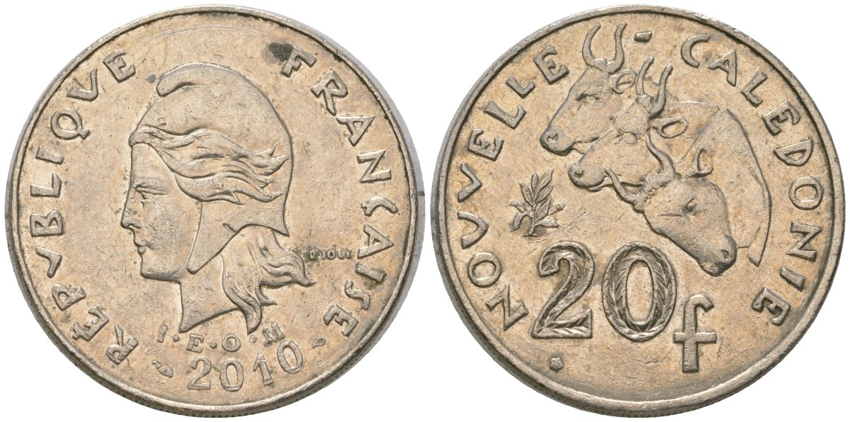 Французская Новая Каледония 20 франков 2010 три быка, (IEOM) KM 12a, Schoen 14a медно-никель 4137-425
