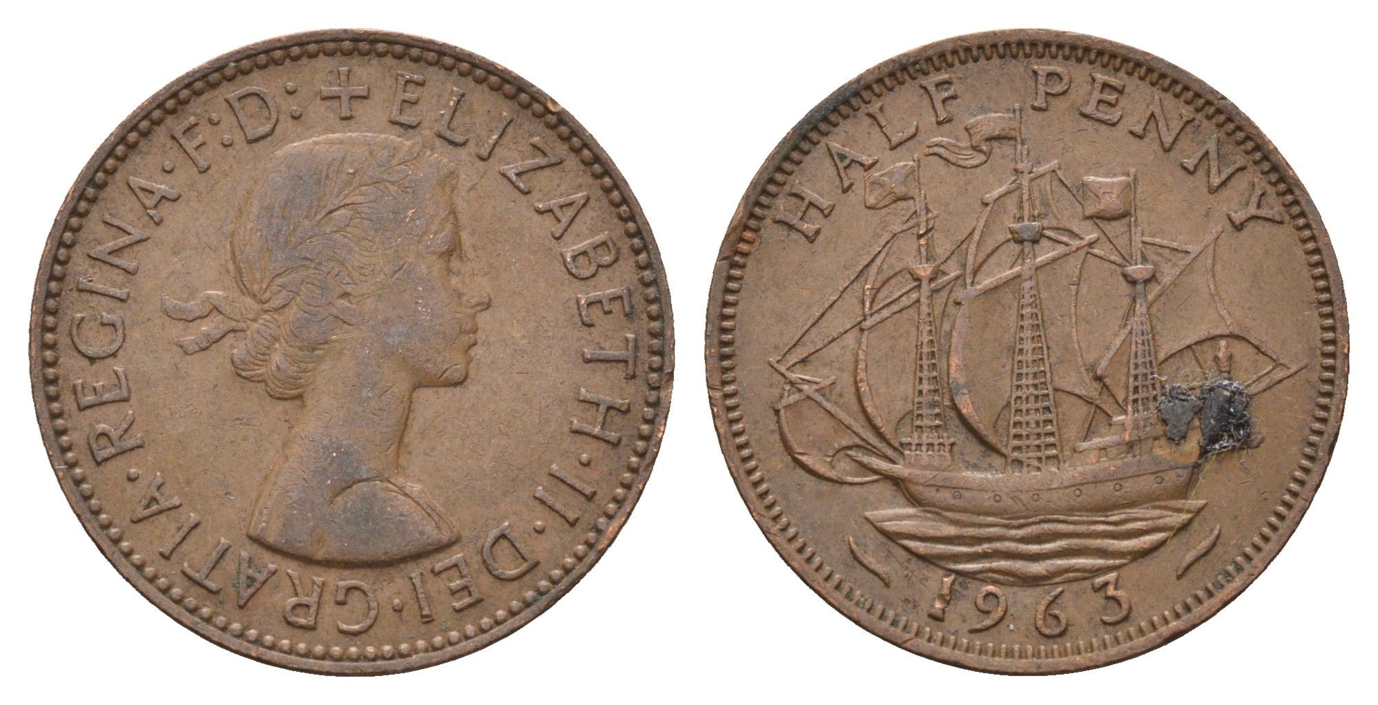 Великобритания 1/2 пенни 1963 Елизавета II (1952-2022) KM 896, Spink 4158 бронза 4699-427