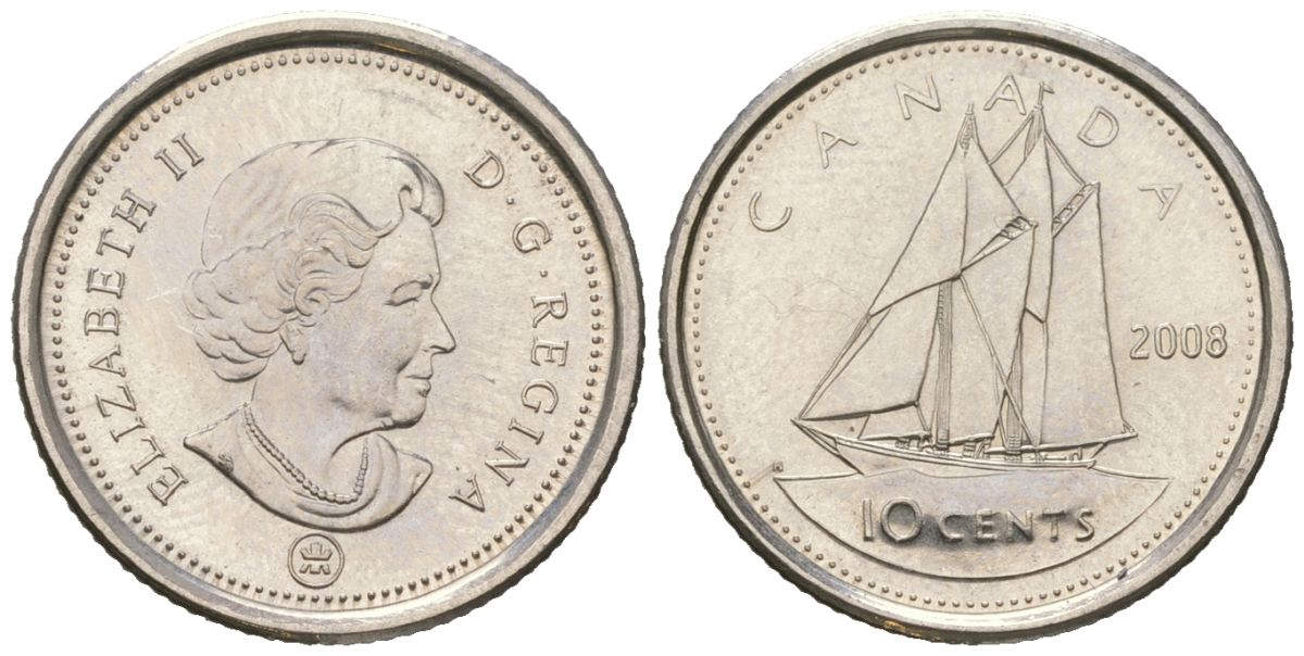 Канада 10 центов 2008 Leaf, Елизавета II (1952-2022), парусник KM 492 сталь плакированный никелем UNC 4382-1145