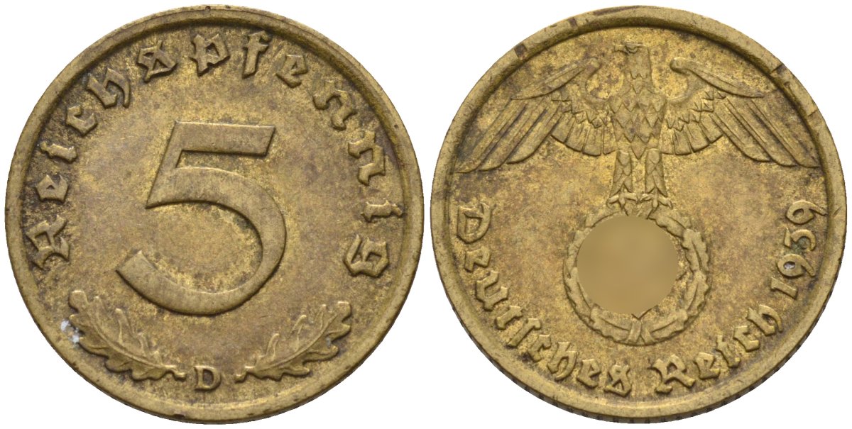 Германия 5 рейхспфеннигов 1939 D KM 91, J. 363 алюминиевая бронза 4151-763