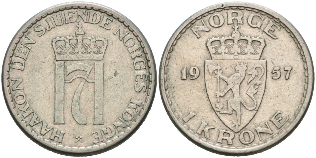 Норвегия 1 крона 1957 Хокон VII (1905-1957) KM 397 медно-никель 4571-415