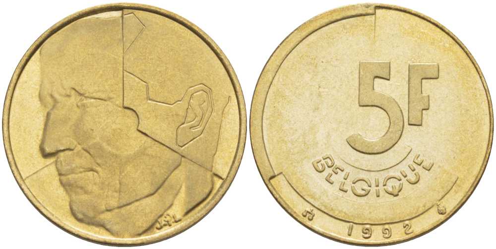 БЕЛЬГИЯ 5 ФРАНКОВ 1992 BELGIQUE, БОДУЭН I (1951-1993) KM 163 латунь или алюминиевая бронза 4364-3127