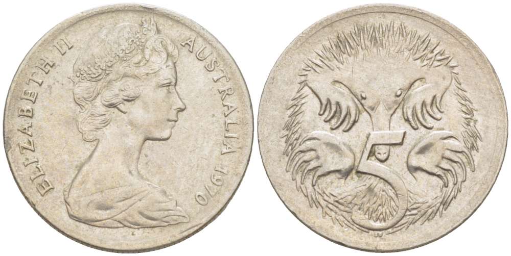 АВСТРАЛИЯ 5 ЦЕНТОВ 1970 ЕЛИЗАВЕТА II (1952-) МОЛОДОЙ ПОРТРЕТ, ЕХИДНА KM 64 медно-никель 4516-652