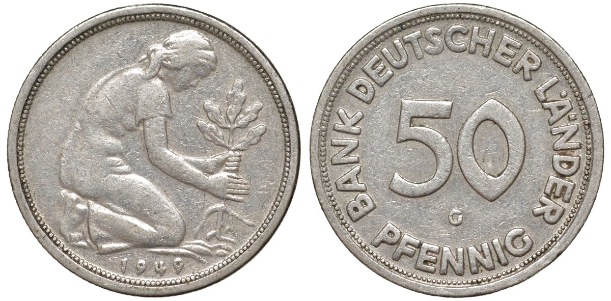 ФРГ 50 пфеннигов 1949 G KM 104, J. 379 медно-никель 4132-632