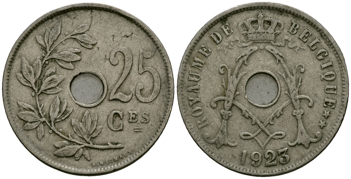 Бельгия 25 сантимов 1923 Belgique KM 68 медно-никель 4165-445