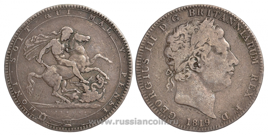 Великобритания 1 крона 1819 Георг III (1760-1820) КМ 675, Spink 3787 серебро 00-000-00