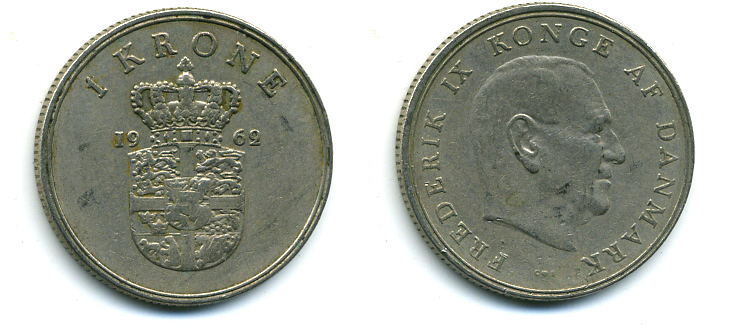 ДАНИЯ 1 КРОНА 1962 C; S, ФРЕДЕРИК IX (1947-1972) KM 851.1 медно-никель 56-327