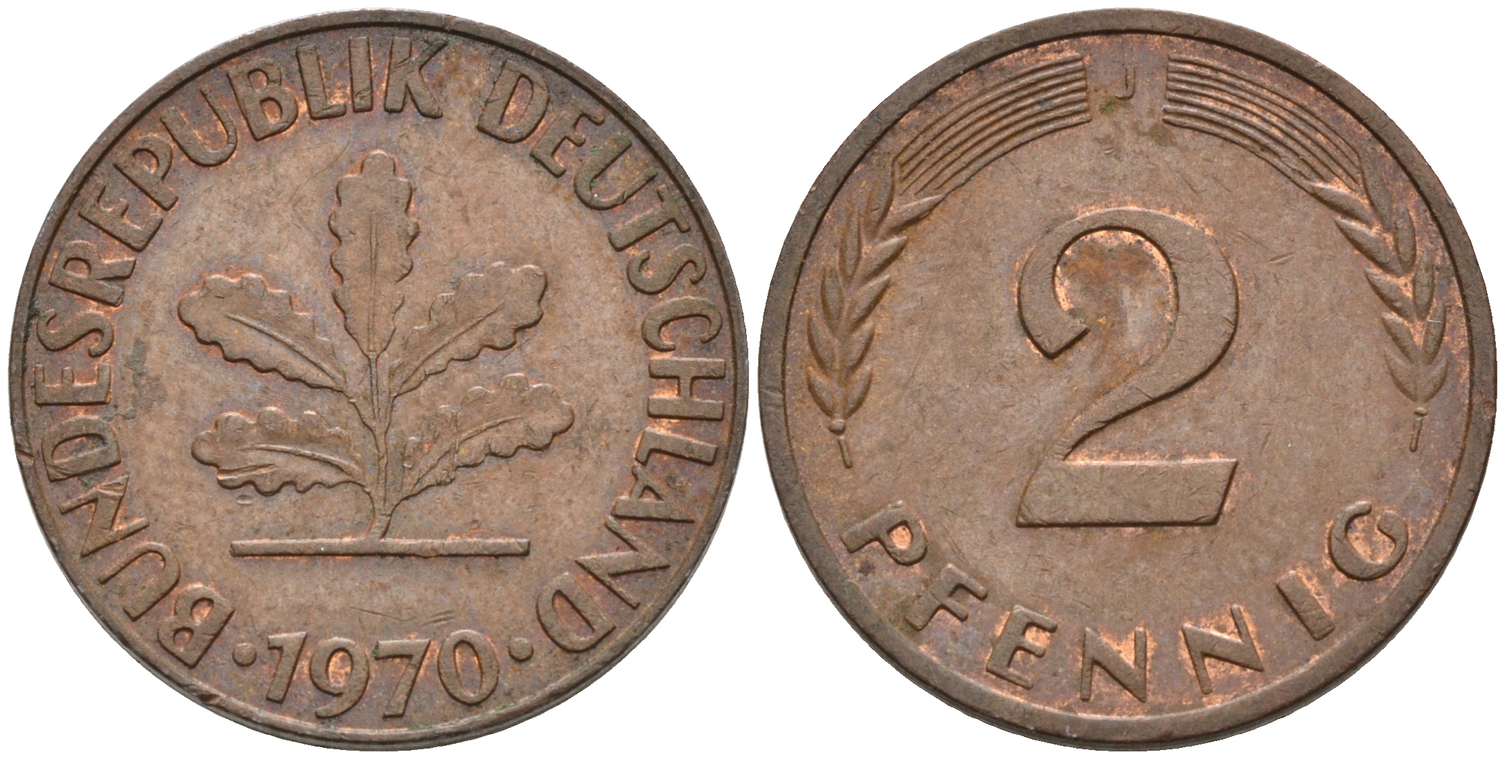 ФРГ 2 ПФЕННИГА 1970 J KM 106a, J.381a сталь плакированная сталь плакированная медьюю 75-439