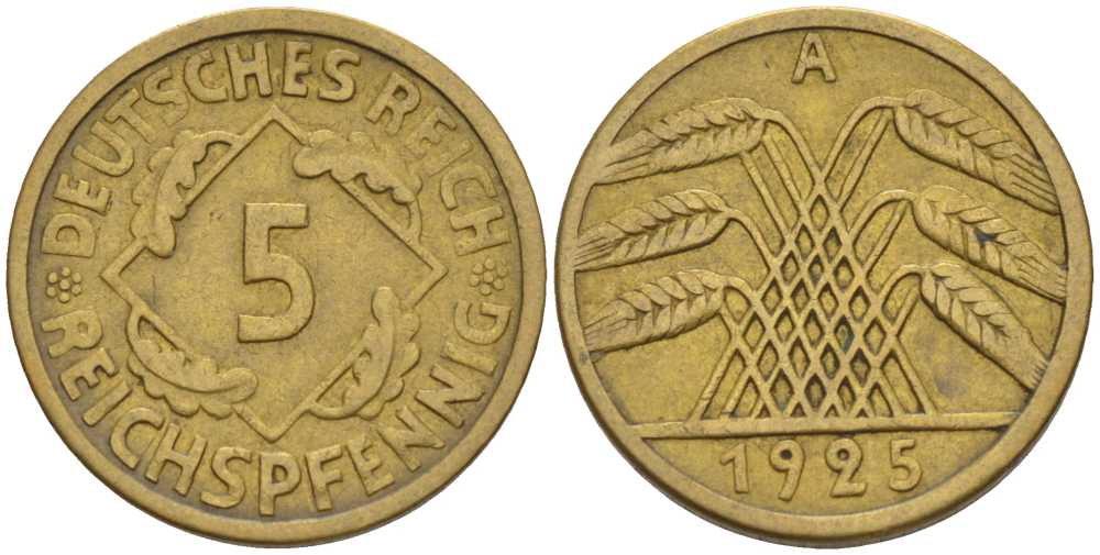 Германия 5 рейхспфеннигов 1925 A KM 39, J. 316, Weege 7 алюминиевая бронза 211-548