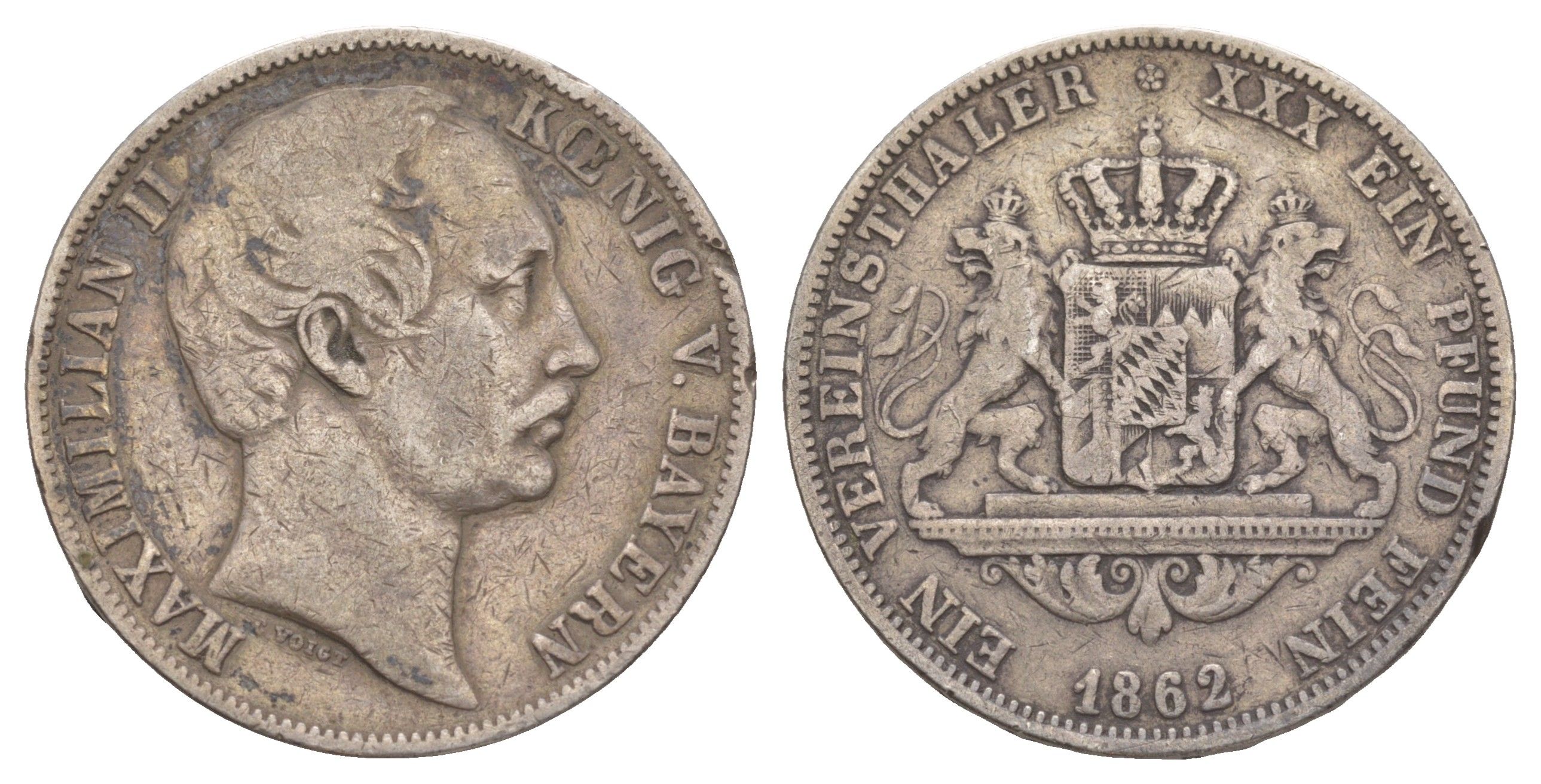 Бавария 1 талер 1862 Максимилиан II (1848-1864) KM 852, J. 94, AKS 149 серебро 1521-215