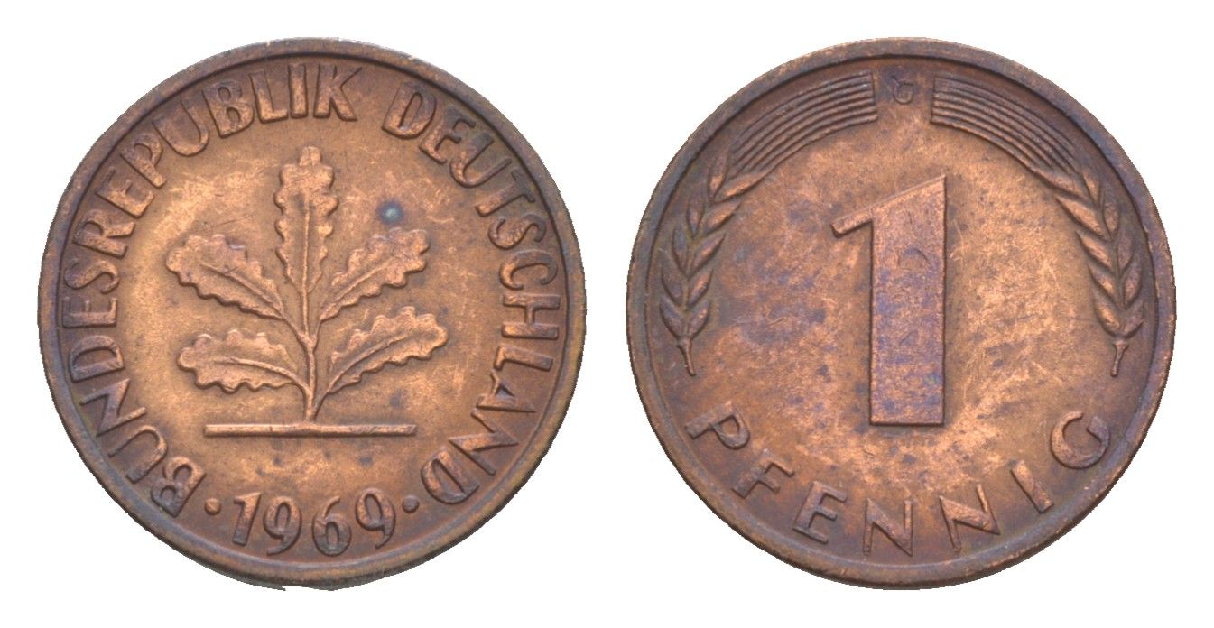 ФРГ 1 пфенниг 1969 D KM 105, J.380 сталь плакированная медью 4164-133