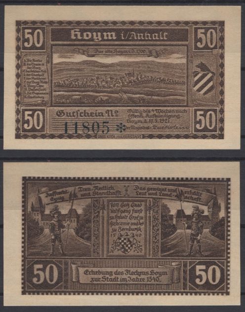 Хойм 50 пфеннигов 1921 бумага UNC (пресс) 8595-43-2-2