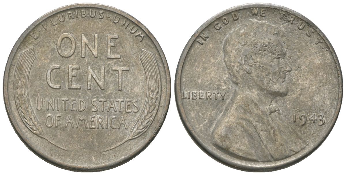 США 1 цент 1943 Авраам Линкольн KM 132 a сталь покрытая цинком 214-556