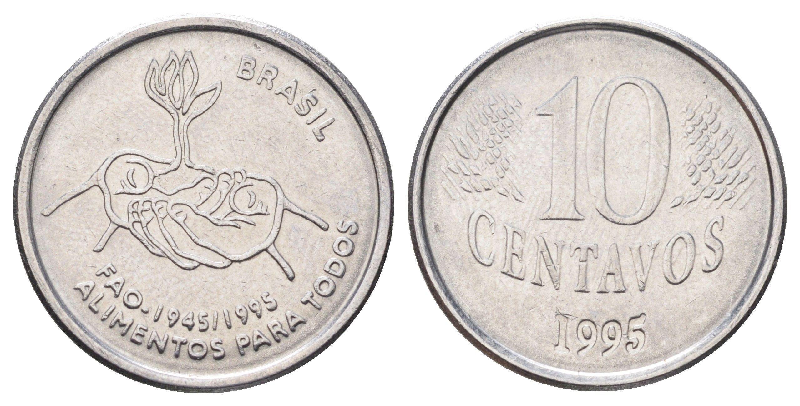 Бразилия 10 сентаво 1995 50 лет Всемирной продовольственной программе (ФАО) KM 641 нержавеющая сталь 4668-1121