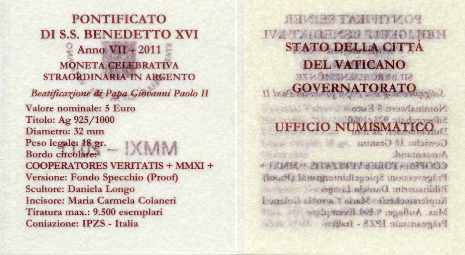 Ватикан 5 евро 2011 Бенедикт XVI, беатификация Папы Римского Иоанна Павла II, в оригинальной коробке, с сертификатом KM 429 серебро  PROOF  7-1-1-25