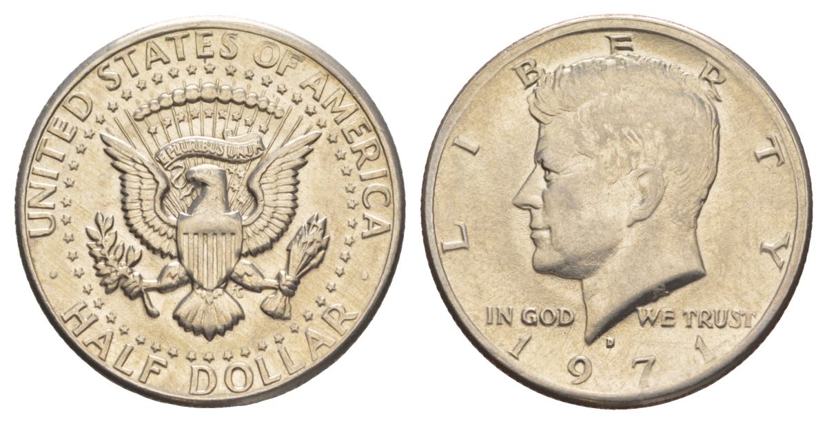 США 1/2 доллара (50 центов) 1971 D, Джон Кеннеди KM 202b медь плакированная медно-никелем aUNC 88-1024