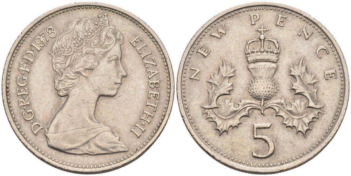 Великобритания 5 пенсов 1978 Елизавета II (1952-2022) KM 911, Spink 4233 (D1) медно-никель 4116-812