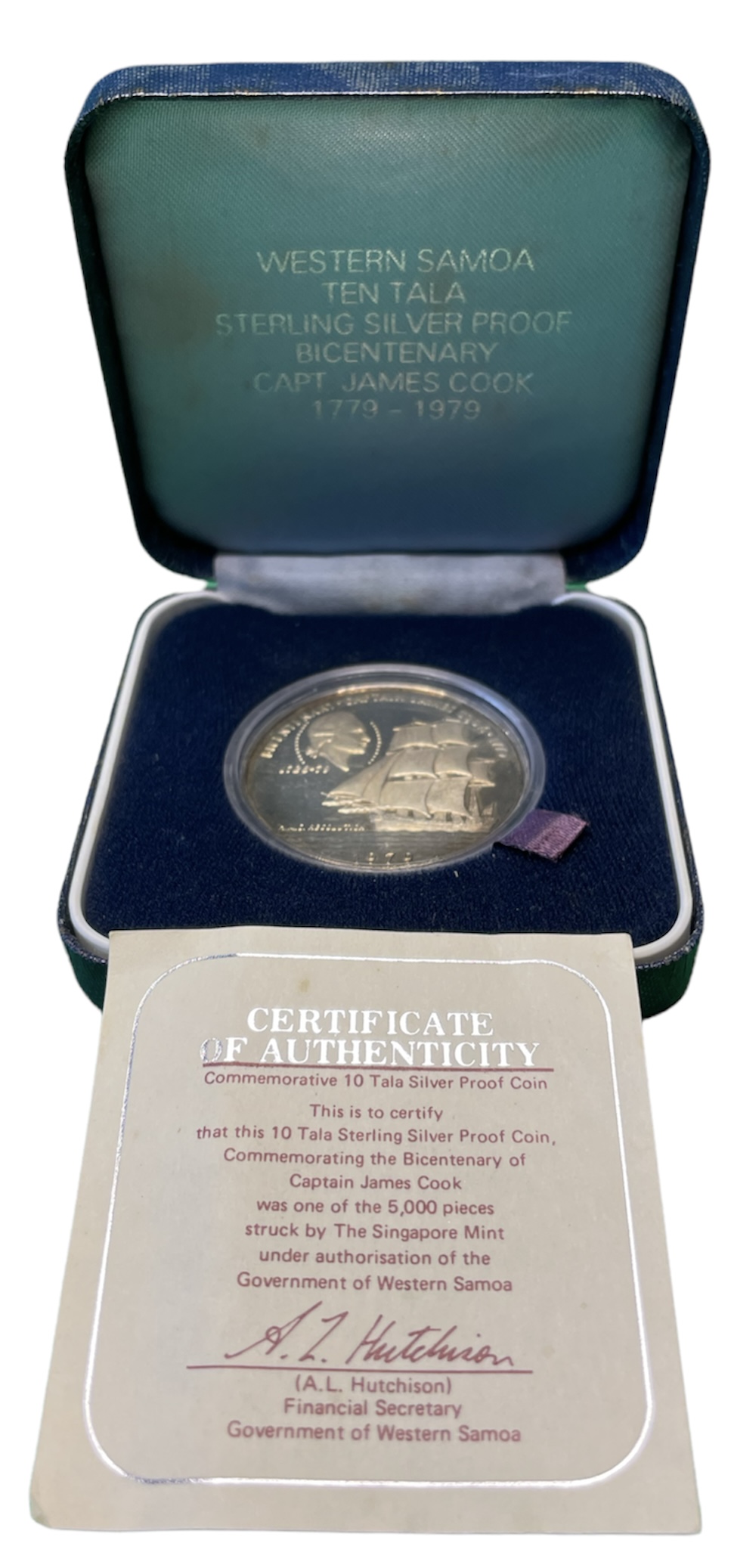 Самоа 10 тала 1979 200 лет открытиям капитана Кука, в оригинальной коробке, с сертификатом KM 33а серебро PROOF 3-4-3-29