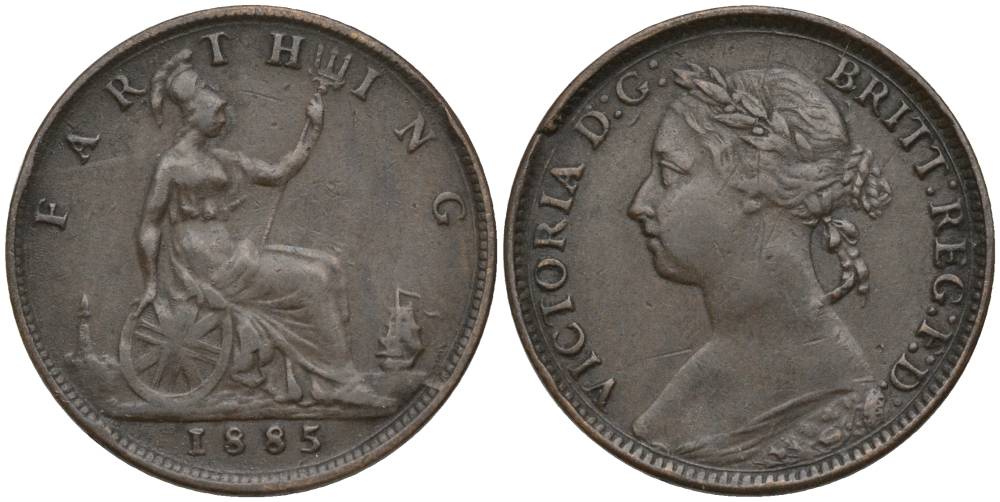 Великобритания 1 фартинг 1885 Виктория (1837-1901) KM 753, Spink 3958 бронза 4548-1115